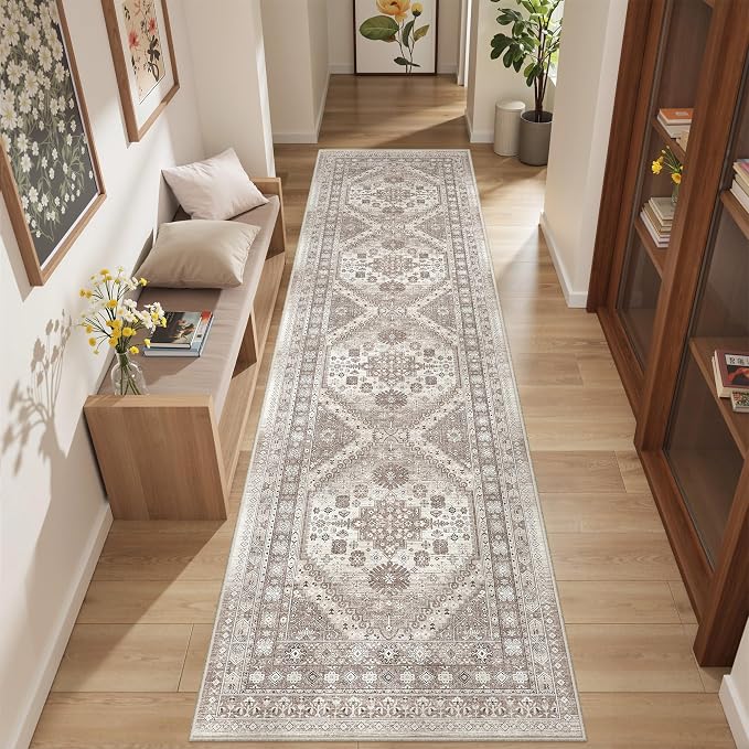 2'6" x 10'Non Slip Runner Rugs - Runners for hallways, Kitchen,Entryway,Stain Resistant Washable Rugs for Bedroom, Indoor Vintage Area Rugs (Brown/Beige,2'6" x 10')