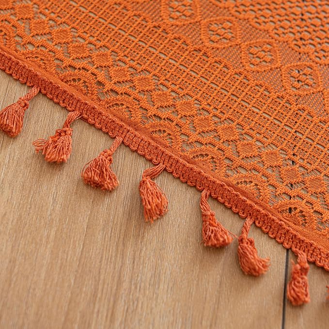 Sutuo Home Burnt Orange Boho Curtains 90 inches Long for Bedroom Living Room, Terracotta Crochet Lace Sheer Bohemian Knitted with Fringes,Window Treatment Drapes, Rod Pocket 1 Panel 59" W x 90" L