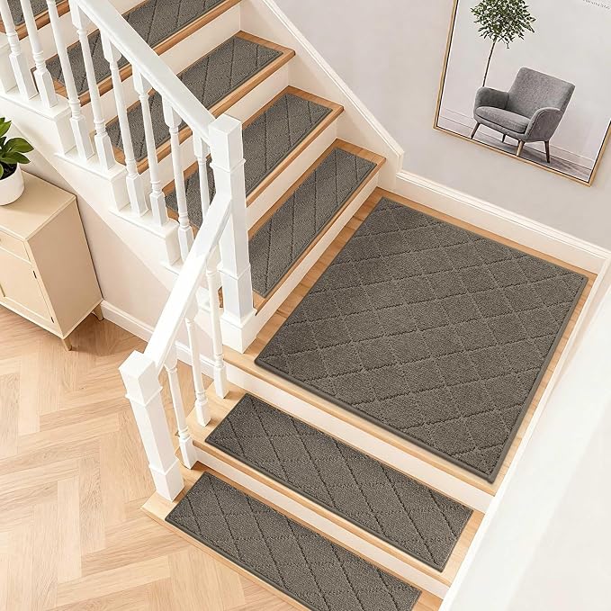 COSY HOMEER Stair Landing Rugs Non-Slip Corner Indoor Edging Stair Treads for Wooden Steps,Washable Soft Stair Landing Mat for Kids,Elder and Dogs,Polyester,TPE Backing,Light Brown,30x30inch