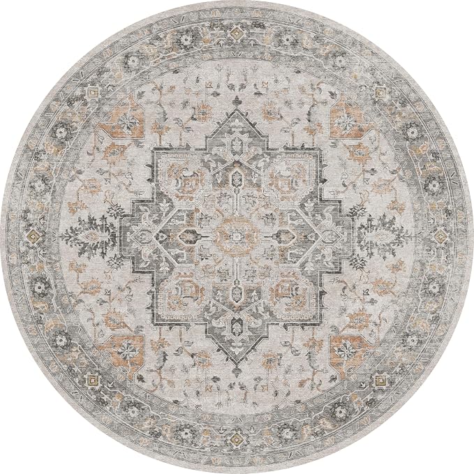 GENIMO 8FT Round Area Rugs for Living Room, Circle Rugs Machine Washable Low Pile, Non Slip Vintage Rug for Bedroom, Dining Room, Home Office, Light Taupe Brown