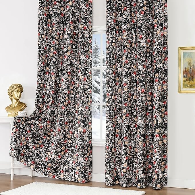 Estelar Textiler Black Velvet Floral Printed Blackout Curtains 102 Inch Long for Bedroom, Thermal Insulated Room Darkening Privacy Protect Grommet Window Drapes for Living Room, W52 x L102, 2 Panels