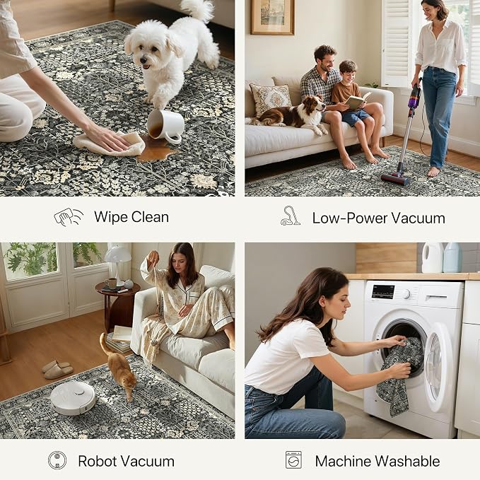 Bavni Area Rugs 8X10-Machine Washable Rug Lightweight Low Pile, Vintage Floral Rug Non-Shedding Distressed Throw Carpet for Living Room Bedroom Office, Black