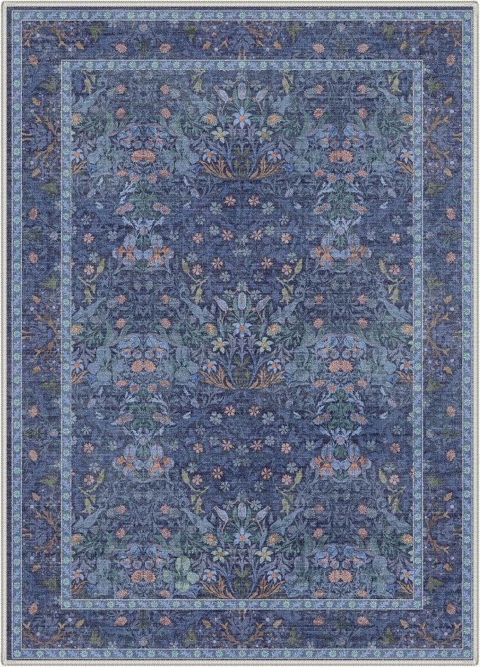 GENIMO 8x10 Washable Area Rugs for Living Room, Non Slip, Navy Slate | Vintage Boho Floral Low Pile Thin Carpet for Bedroom, Dining Room, Nursery, Indoor Decor