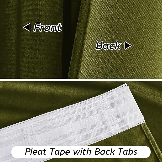RYB HOME Green Velvet Curtains 72 inches with Hook Belt, Soft Fabric Room Darkening Thermal Insulated Luxurious Home Decor Curtains for Living Room Bedroom, W 52" x L 72", 2 Panels Set