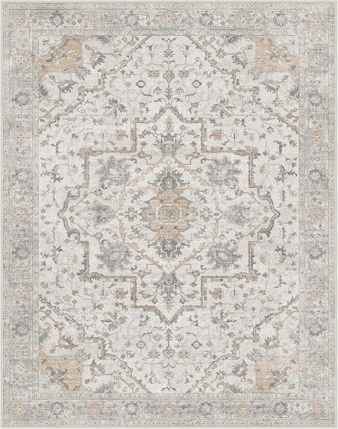 GENIMO 10x14 Area Rugs for Living Room, Machine Washable Non Slip Vintage Rugs, Low Pile Lightweight Print Rug for Bedroom, Dining Room, Home Office,Gray Brown
