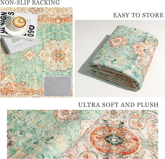 8x10 Area Rugs Washable,Boho Rug for Living Room Bedroom Dining Room,Large Vintage Bohemian Distressed Farmhouse Carpet Non Slip,Retro Orange Green Floral