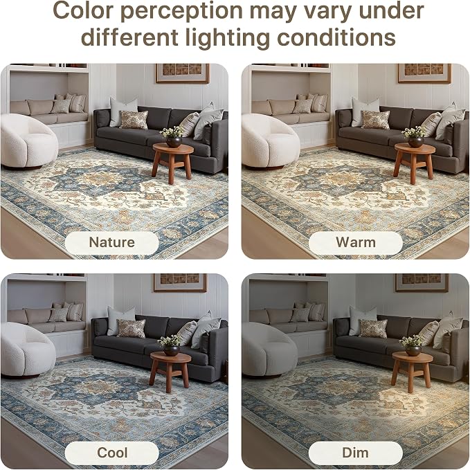 GENIMO 5x7 Area Rugs for Living Room, Machine Washable Non Slip Rugs, Low Pile Lightweight Print Rug for Bedroom, Dining Room, Home Office, Vintage Blue Medallion