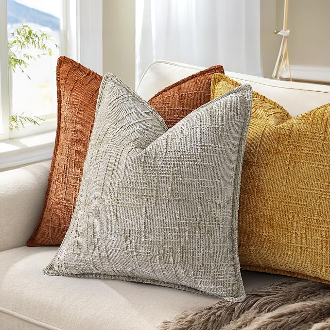 decorUhome Chenille Throw Pillow Covers 26x26 Set of 2, Soft Textured Slubby Modern Decorative Pillow Covers with Elegant Design for Couch, Sofa, Living Room, Mustard Yellow