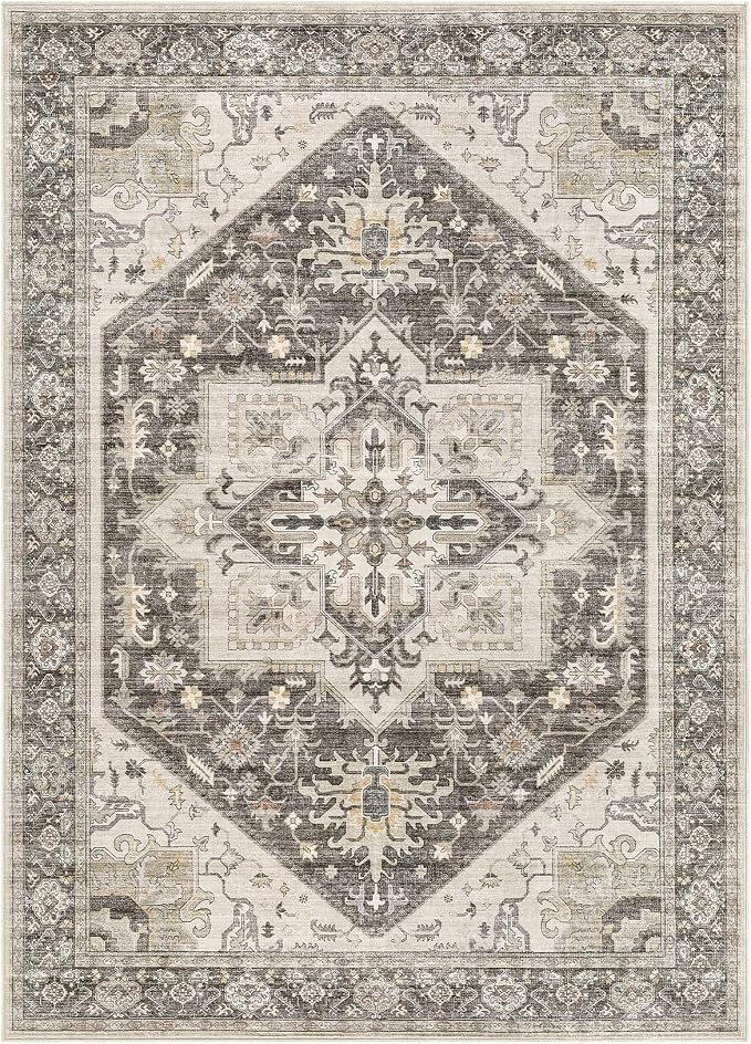 7x9 Area Rugs for Living Room - Large Carpet Ultra Thin Soft Washable Oriental Vintage Floral Distressed Big Indoor Carpets for Bedroom Nursery Dorm Home Decor Aesthetic - Dark Brown