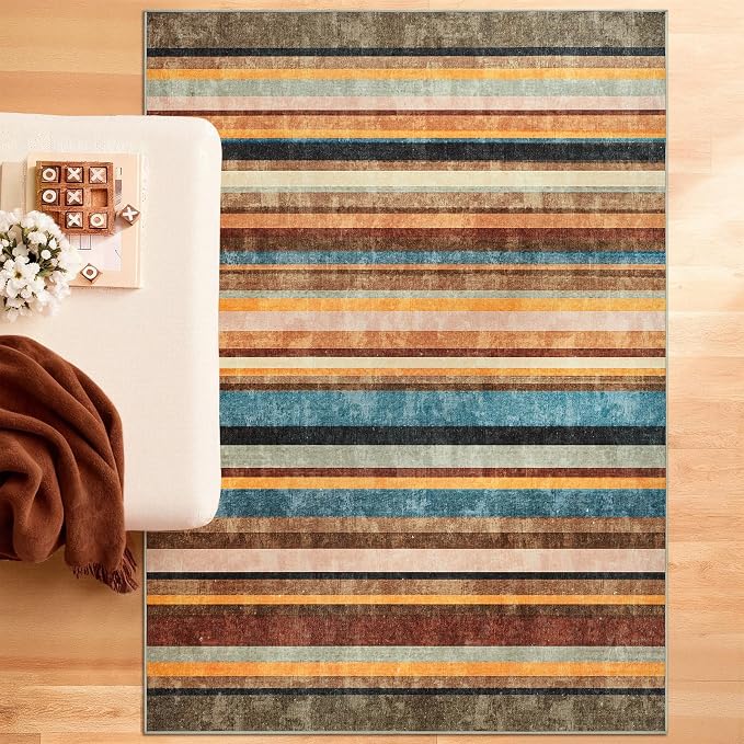 jinchan 5x7 Area Rug Modern Striped Rug Washable Rug Soft Large Indoor Floor Cover Non Slip Colorful Carpet for Bedroom Kitchen Dining Room Home Office, Pine Dawn