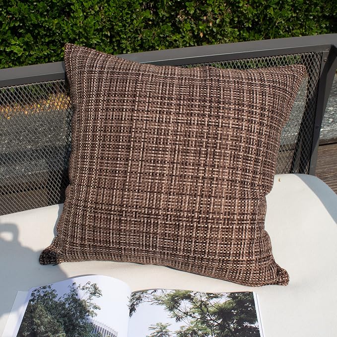 Kevin Textile Pack of 2 Decorative Outdoor Waterproof Throw Pillow Covers Lumbar Pillowcases Modern Cushion Cases for Patio Couch Bench 16 x 16 Inch Brown