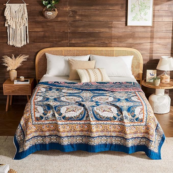 Boho Throw Blanket 100% Cotton Muslin Woven Blanket Bohemian Bed Throws Vintage Rustic Farmhouse Decor Reversible Bed Blanket Quilt for All Seasons(Blue 90"x98")