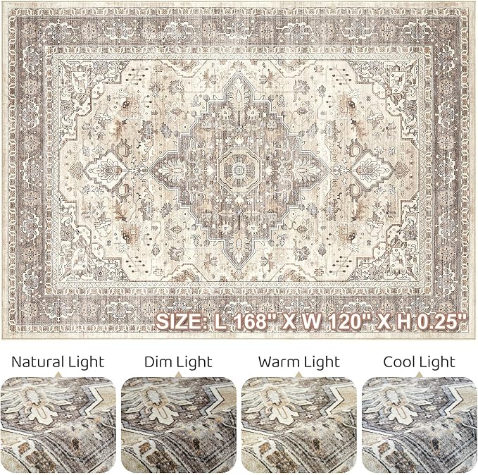 10x14Ft Area Rugs Living Room: Washable Boho Large Neutral Vintage Soft Rug Stain Resistant Farmhouse Non Slip Indoor Floor Carpet for Bedroom Nursery Kids Playroom Office Dining Room- Beige Brown