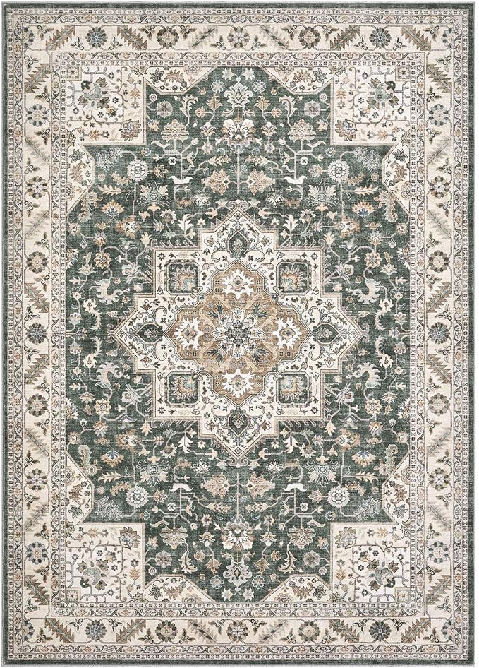 Vintage Living Room Area Rug 6x9 - Large Soft Washable Oriental Traditional Distressed Farmhouse Rugs for Bedroom - Indoor Floor Accent Carpet for Home Office House Decor - Vintage Green