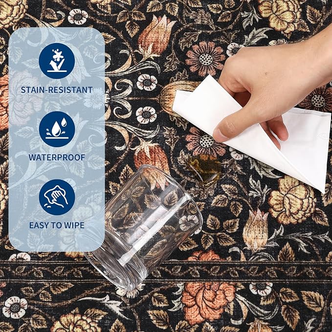 GarveeHome Brown Vintage Floral Washable 8x10 Area Rugs for Living Room Black Boho Botanical Retro Rug Low Pile Stain Resistance Non Slip Carpet for Bedroom Nursery Dining Room