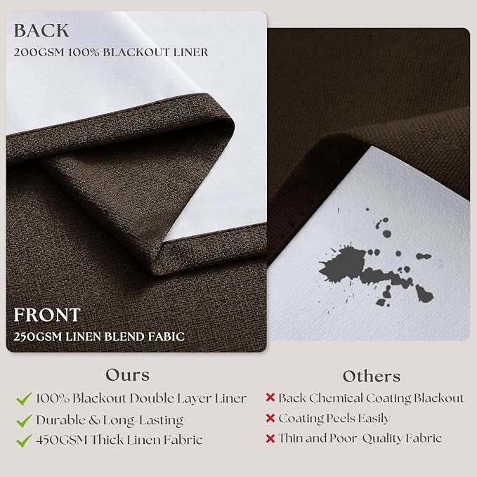 Pleat Chocolate Brown Curtains 108 Inches Long 2 Panels Set for Living Room Memory Shape Pinch Pleated Drapes 100% Black Out Linen Blend Window Ceiling Curtains with Hooks Rings for Office 9 FT