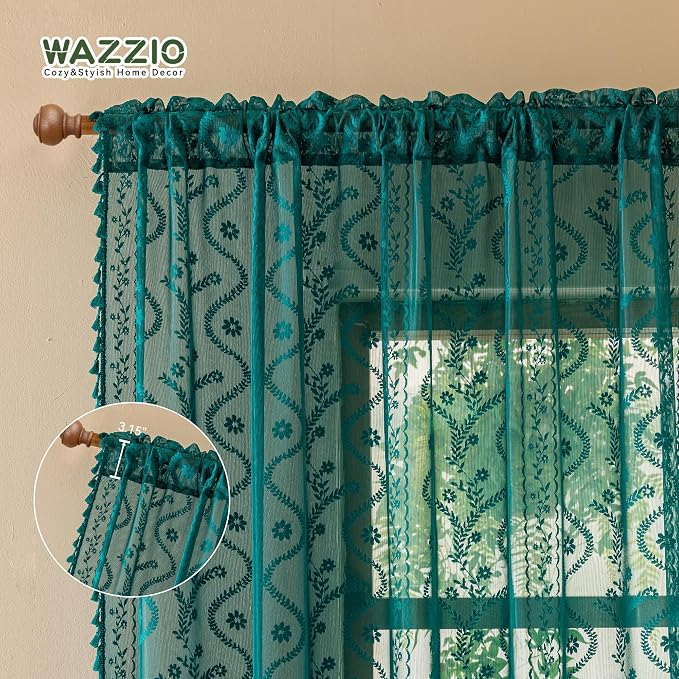 WAZZIO Boho Lace Curtains 2 Panels 84 Inch -Victorian Sheer Panel Drape French Country Floral Pattern & Tassel Light Filtering Privacy for Bedroom Dining Living Room,Coastal Decor,Teal,W52x L84