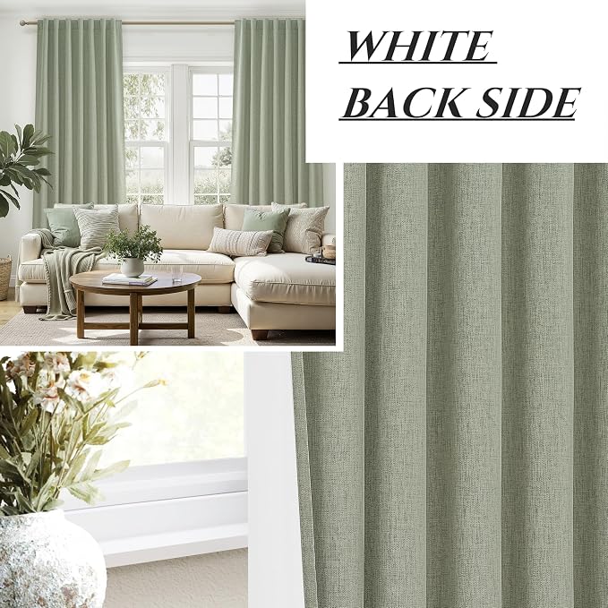 Sage Green Blackout Linen Curtains 84 Inches Long for Living Room Bedroom, Pleated Window Track Curtain with Pin Hooks Belt Boho Light Green Drapes Thermal Insulated (50"Wx84"Lx2Panels) Back Tab