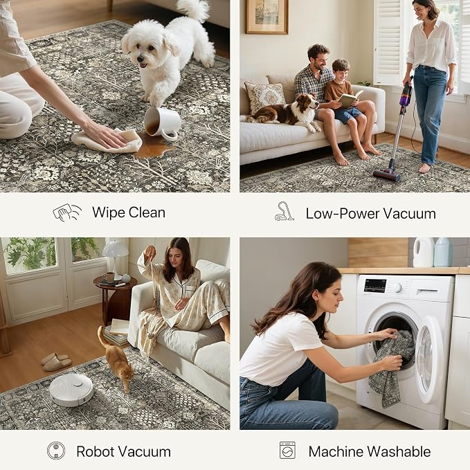 Bavni Round Rug 5FT-Machine Washable Area Rugs Non-Slip for Bedroom, 5x5 Vintage Floral Rug Distressed Throw Carpet for Living Room Nursery Kitchen Bathroom, Beige/Brown