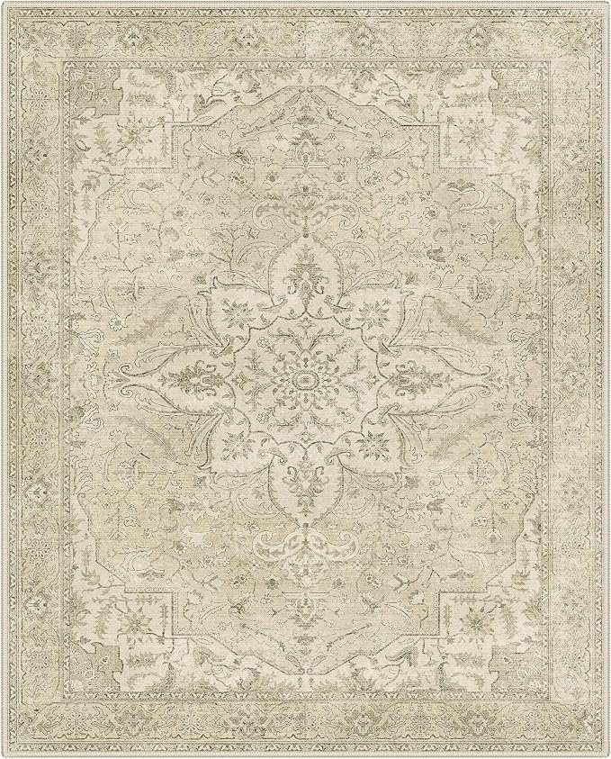 GENIMO 8X10 Washable Vintage Area Rugs for Living Room, Non-Slip Low Pile Chenille Print Rug, Soft Rugs for Bedroom Dining Room Home Office, Linen & Taupe