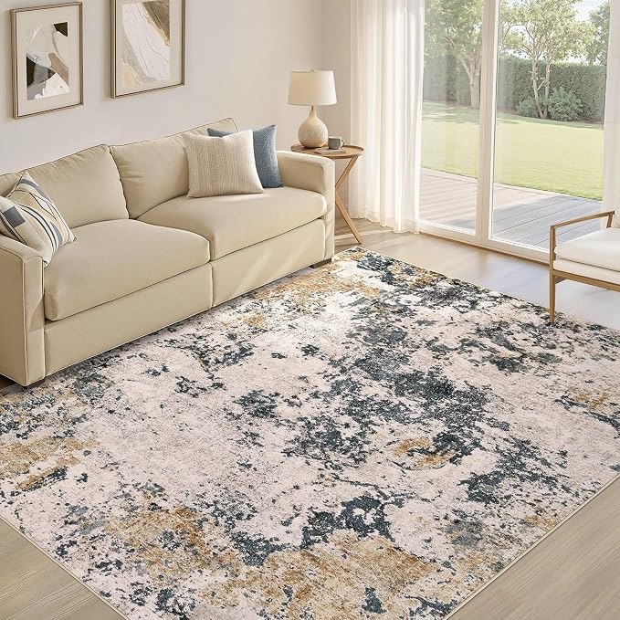 Area Rugs 5x8 Living Room: Washable Large Abstract Modern Neutral Soft Rug Stain Resistant Non-Slip Backing Carpet for Bedroom Dining Room Indoor Nursery Dorm Home Office Decor - Gold Grey