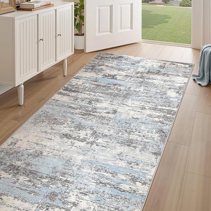 Hallway Washable Runner Rug: 3x14 Abstract Modern Soft Stain Resistant Non-Slip Backing Runner for for Entryway Kitchen Laundry - Blue Grey