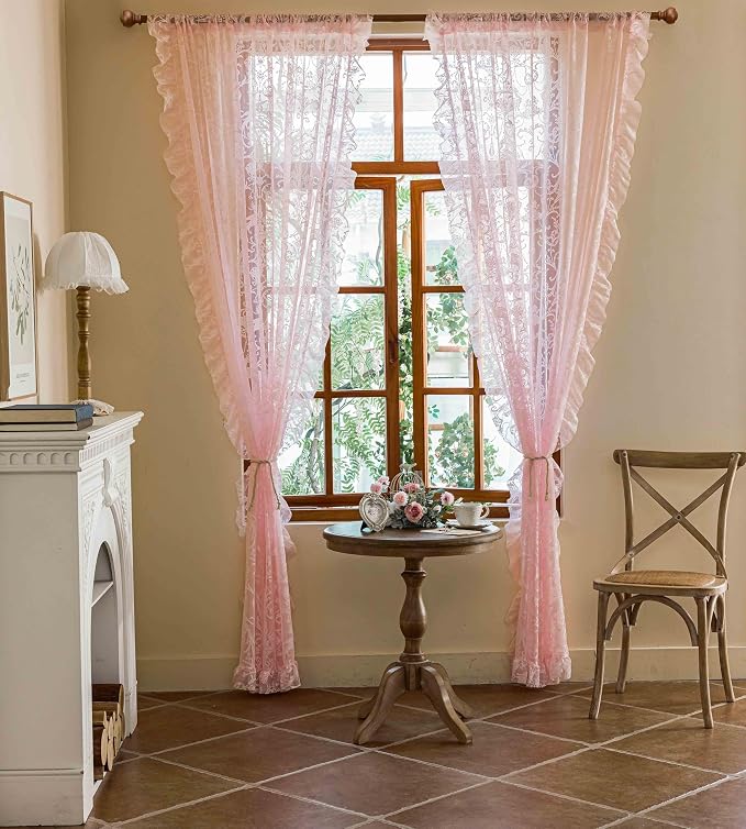TUDECO Pink Ruffle Curtains 96 Inches Long - Feminine Light Pink Sheer Floral Girly Curtains for Baby Nursery, Elegant Dreamy Rod Pocket Privacy Ruffled Couqutte Decor 1 Pair, 59 x 96 Inch