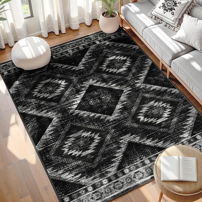 BESTSWEETIE Area Rug 3x4 Rug Machine Washable Non-Slip Low Pile Print Pattern Western Rug for Living Room Bedroom Entryway Tribal Series-Black