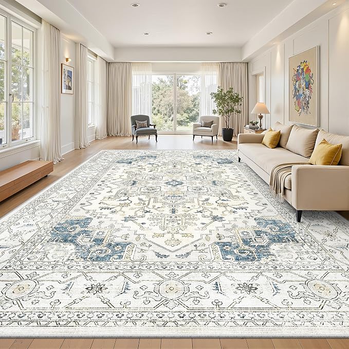 Living Room 10x14 Area Rugs, Washable Area Rug Stain Resistant Carpet Vintage Soft Rugs for Bedroom with Non Slip Backing Indoor Home Decor (10'x 14',BeigeBlue)
