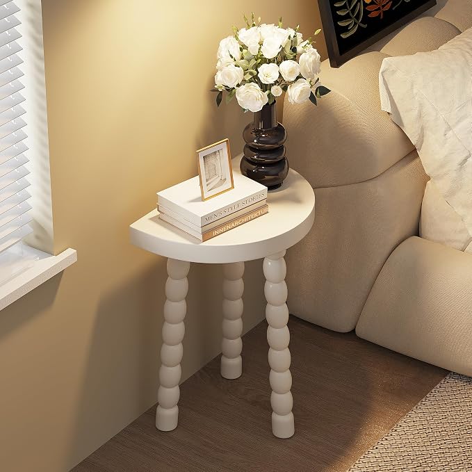 LitaEther Bobbin Side Table, Solid Wood Half Moon End Table, Small Wooden Accent Table with Chunky Turned Legs, Plant Stand for Living Room Bedroom Entryway, Modern Farmhouse Bedside Table, White