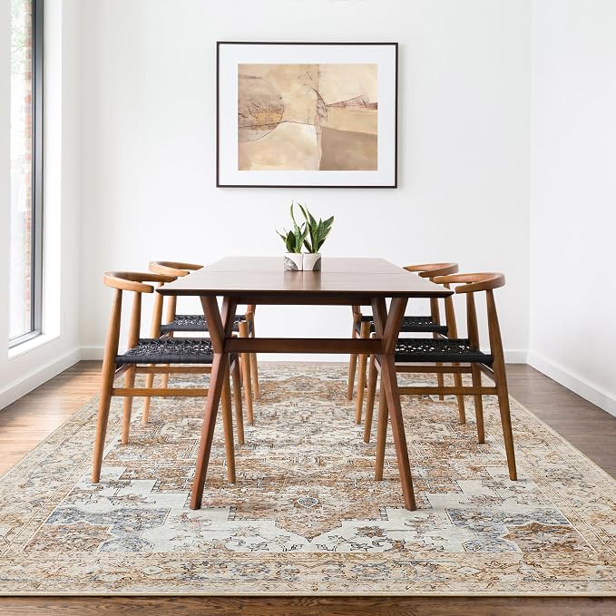 GENIMO 5x7 Area Rugs for Living Room, Machine Washable Non Slip Rugs, Low Pile Lightweight Vintage Print Rug for Bedroom, Dining Room, Home Office, Orange&Beige