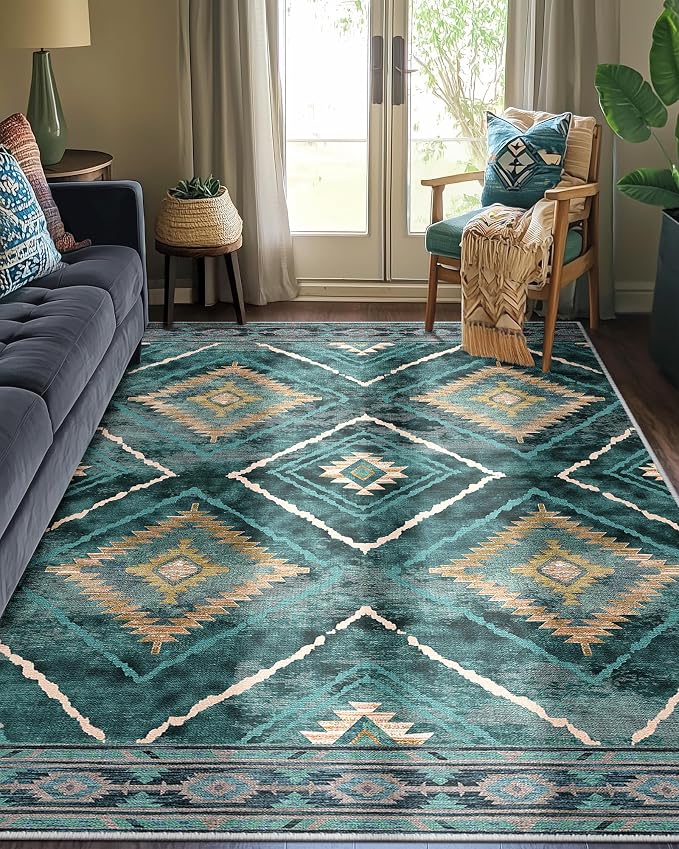 BESTSWEETIE Area Rug 9x12 Rug Machine Washable Non-Slip Low Pile Print Pattern Western Rug for Living Room Bedroom Entryway Tribal Series -Teal/Green