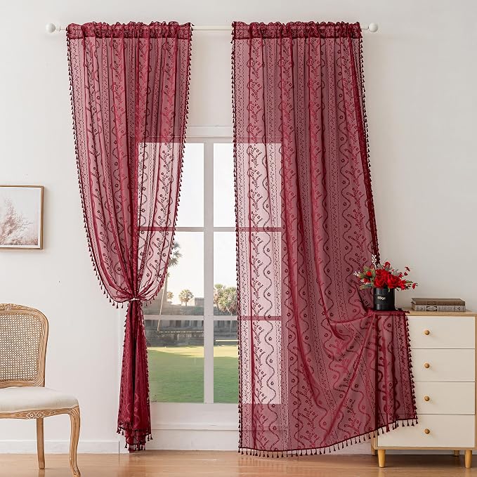 WAZZIO Boho Lace Curtains 2 Panels 84 Inch -Victorian Sheer Panel Drape French Country Floral Pattern & Tassel Light Filtering Privacy for Bedroom Dining Living Room,Burgundy Red,W52x L84