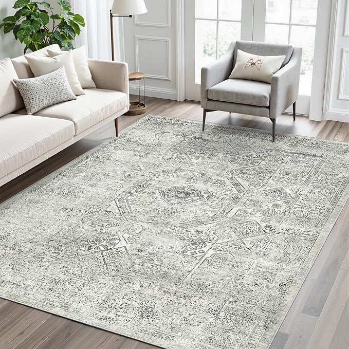 Soalmost 6x9 Area Rug for Living Room Floral Washable Non-Slip Gray Rugs for Bedroom Dinning Room Ultra-Thin Indoor Grey Rug