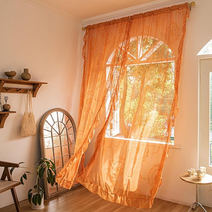 Sutuo Home Burnt Orange Lace Curtains 84 Inches Long for Bedroom Living Room 2 Panels Set, Boho Sheer Floral Embroidery Ruffled Vintage Window Treatment Fall Halloween Decor, Rod Pocket, W57 x L84