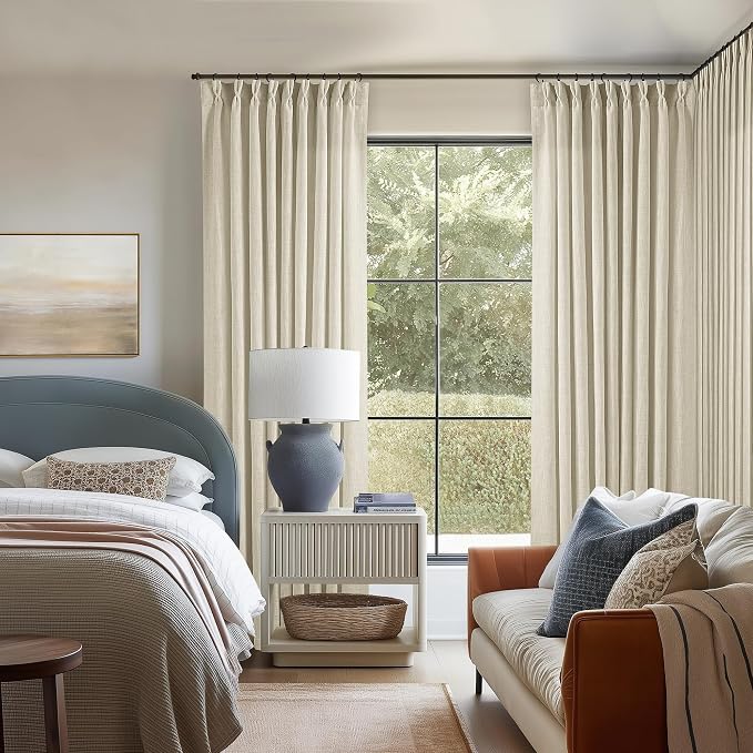 TWODRAPES Extra Wide Pinch Pleat Curtains 60 Inch Wide Beige Linen for Living Room Light Filtering Semi Sheer Pleated Curtains for Patio Glass Sliding Door Dining Bedroom Large Window 60x96 1 Panel