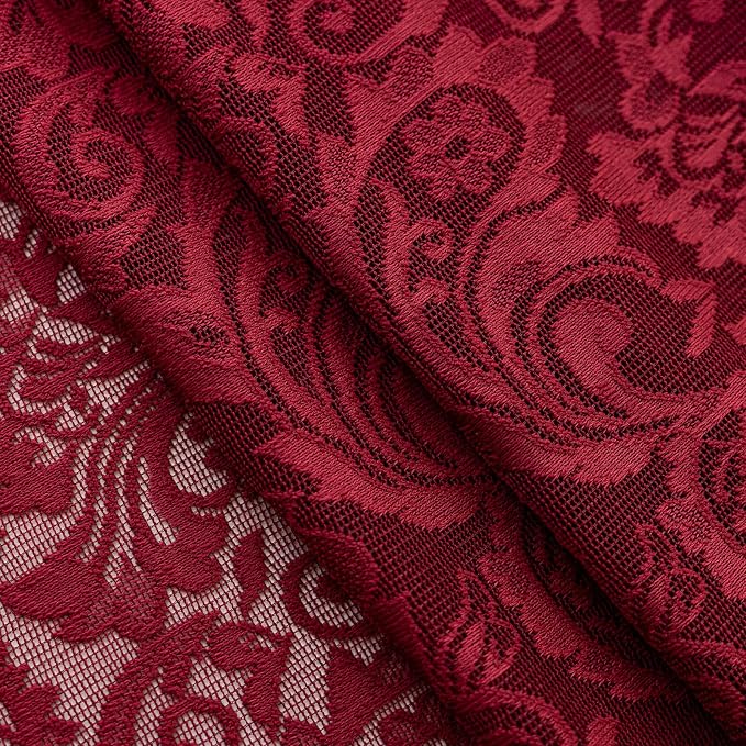 ALIGOGO Wine Red Lace Curtains 108 Inche Long Set of 2, Modern Sheer Burgundy Curtains for High Ceiling Dining Room, French Romantic Rod Pockert Privacy Window Treatments Neutral Decor, 52x108