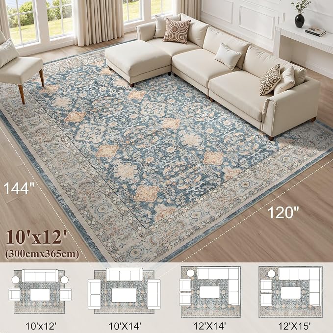 Vintage Living Room Area Rug 10x12 - Large Soft Washable Oriental Traditional Distressed Farmhouse Rugs for Bedroom - Indoor Floor Accent Carpet for Home Office House Decor - Dark Blue