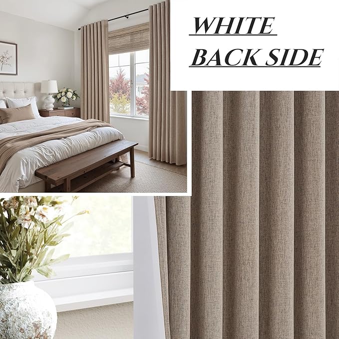 QJmydeco Dark Flax Black Out 96 Inch Long Boho Curtains 2 Panel Set, Farmhouse Curtain for Living Room Darkening/Thermal/Noise Reduction Textured Linen Drape 8ft Hook&Ring Included Chocolate 50"x96"
