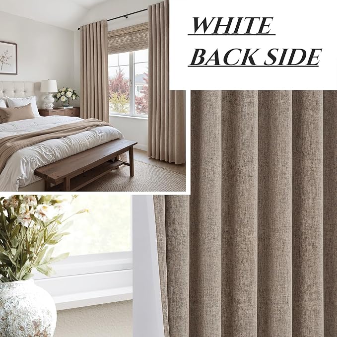 Dark Flax Extra Long Custom 102 Inch Curtains, 100% Blackout Curtains for Bedroom Weather Burg Thermal Insulated Noise Cancelling Pleated Heading Tape Hook Boho Drapes Chocolate 2 Panel Set 50"x102"