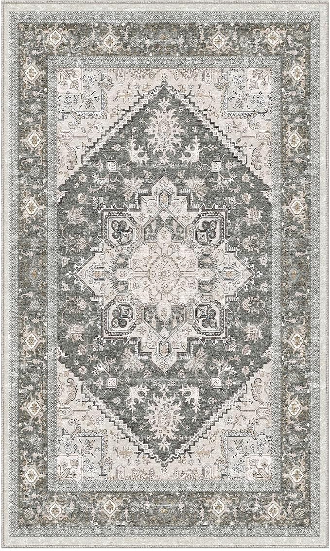 OPPODREAM Soft Area Rugs 3x5, Washable Rugs with Non Slip Backing, Low-Pile Throw 3x5 Carpet, Faux Cashmere 3 x 5 Carpet, Greenish Grey