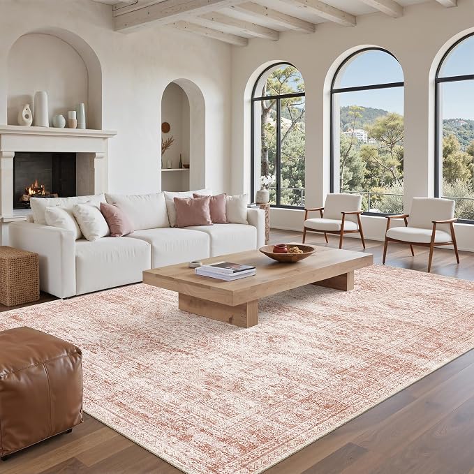 Soalmost 9x12 Area Rugs for Living Room, Non Slip Machine Washable Vintage Rugs, Low Pile Lightweight Large Rug for Bedroom, Dining Room, Home Office Pink