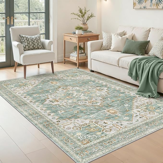 Area Rugs for Living Room - 4x6, Boho Non-Slip Low Pile Carpet Machine Washable Rugs for Bedroom, Farmhouse, Office, Dining Room (Green)