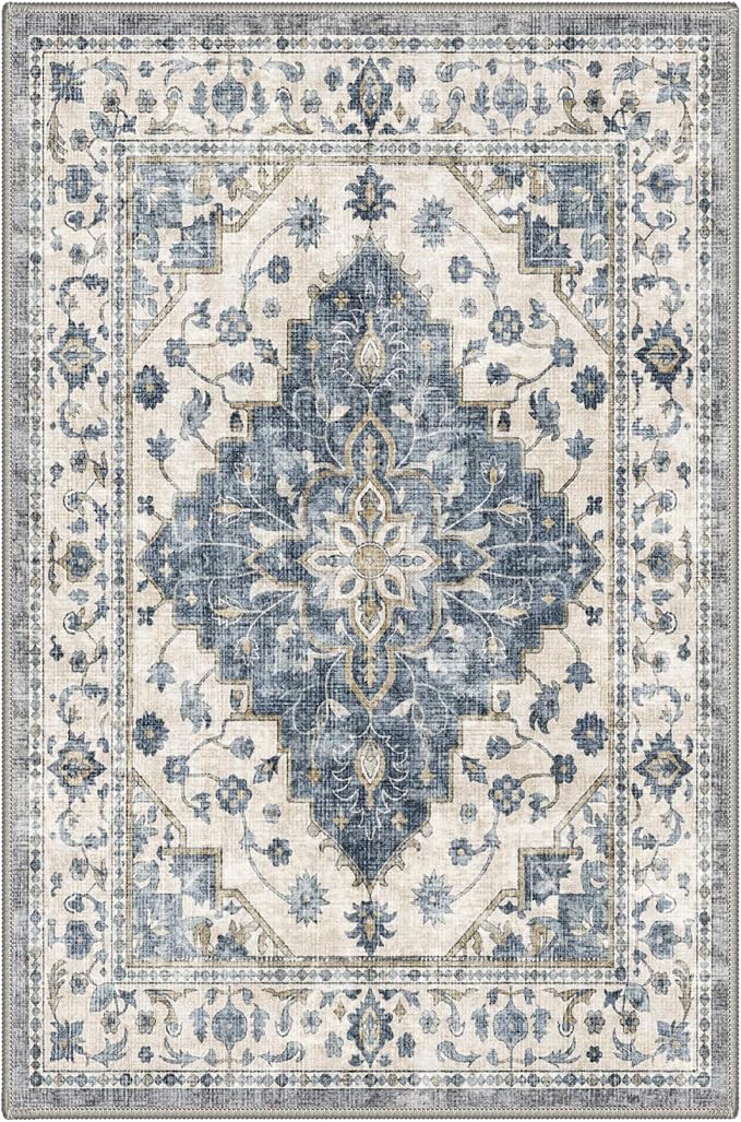 GENIMO 2x3 Rug Machine Washable Low Pile Indoor Entryway Mat for Kitchen Entrance Front Door Bathroom with Non Slip Backing Floral Medallion Dusty Blue