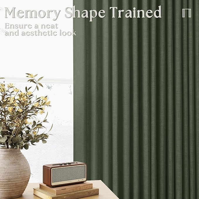 TWODRAPES Loden 120 Inch Long Curtains Extra Long Olive Green Linen Pinch Pleated Curtains 2 Panels for Living Room Bedroom Thick Linen Pleated Hooks Rings Back Tab 120 Inch Drapes for Large Window