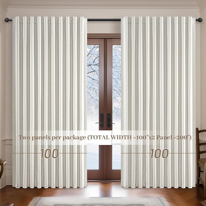 Blackout Curtains 100 Inches Extra Wide Birch Linen Curtains 84 Inch Length for Living Room,Pleated Farmhouse Bedroom Thermal Drapes for Winter Thick Large Window Energy Efficient 100"W x 84"L 2Panels