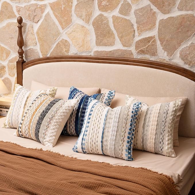 Boho Chenille Tufted Throw Pillow Covers 18x18 Inch Set of 2 Farmhouse Yellow Woven Striped Decorative Pillowcases for Couch Sofa Bed