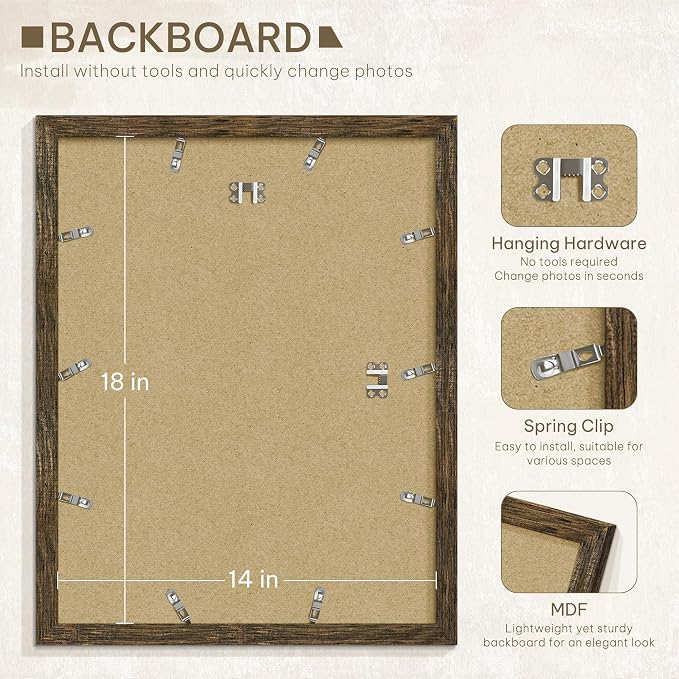 Picrit 14x18 Picture Frame 3 Pack, Wooden Brown Rustic Poster Frame, Display Poster 12 x 16 with Mat or 14 x 18 without Mat for Horizontal or Vertical Wall Mounting