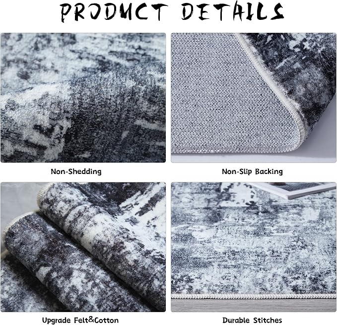 Rugcomf 3x5 Washable Boho Soft Area Rug - Abstract Pattern, Non-Slip, Non-Shedding Faux Wool Vintage Rug for Bedside, Bedroom, Kitchen, Indoor, Grey and Black