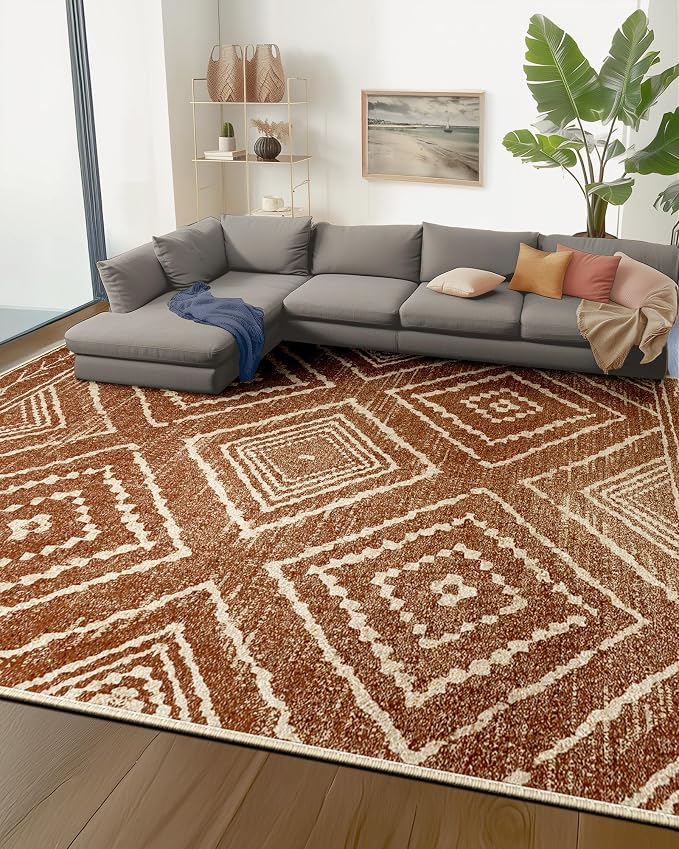 BESTSWEETIE Area Rug 10x12Rug Machine Washable Non-Slip Low Pile Print Pattern Western Rug for Living Room Bedroom Entryway Tribal Series-Yellowbrown/Cream